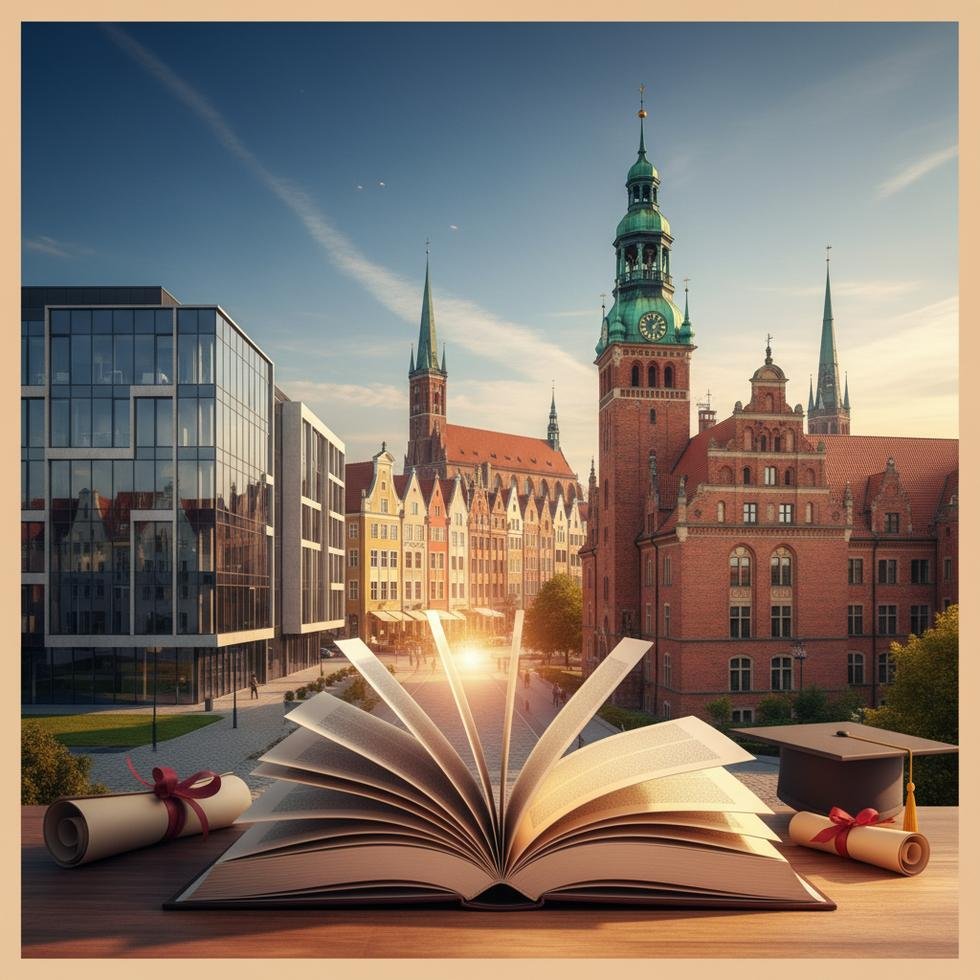 Gdansk şehrinde üniversite kampüsü ve öğrenciler