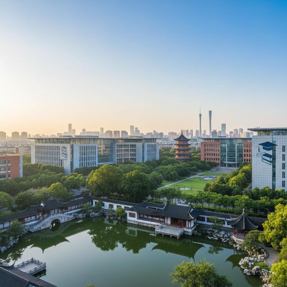 Guangzhou şehrinde üniversite kampüsü ve binaları