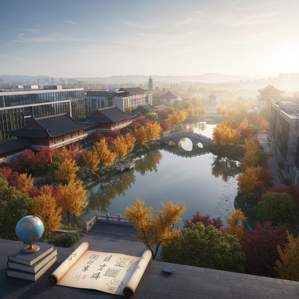 Hangzhou üniversiteleri kampüsü ve şehir görünümü