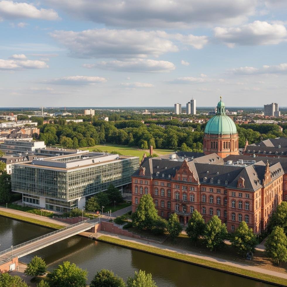 Hannover şehrinde üniversite kampüsü ve öğrenciler