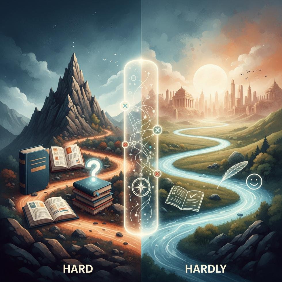 Hard ve Hardly kelimelerinin İngilizce kullanım farklarını gösteren görsel