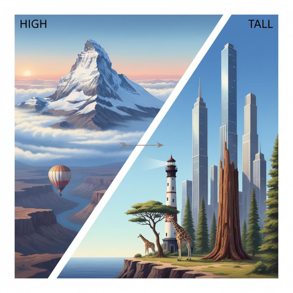 High ve tall sıfatlarının İngilizce kullanım farklarını açıklayan eğitim görseli
