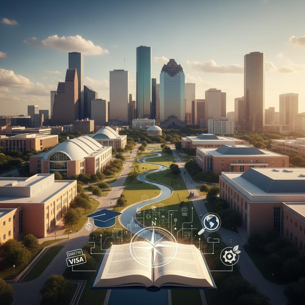 Houston’da üniversite kampusu ve şehir manzarası