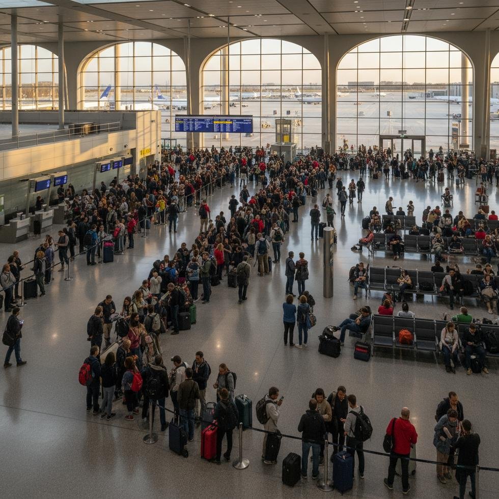Yoğun bir havalimanı terminali ve uzun bekleme kuyrukları