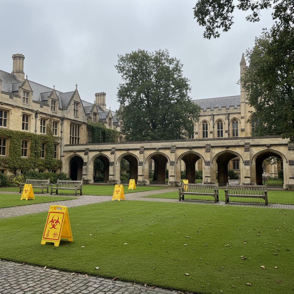 İngiltere'deki üniversite kampüsü ve sağlık uyarı levhaları
