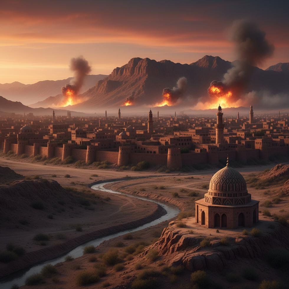 Orta Doğu'da çatışmaları gösteren patlamalarla dolu bir askeri sahne.