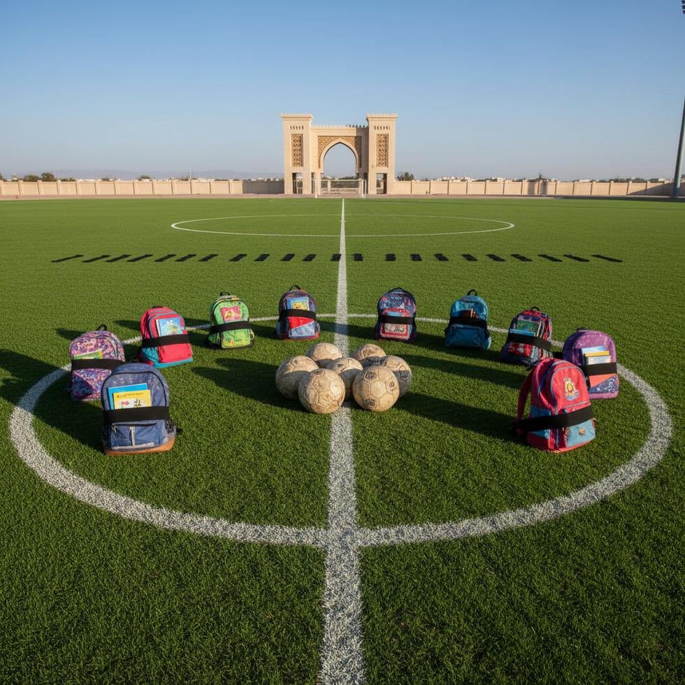 Futbol sahasında sırt çantası takan İranlı futbolcular