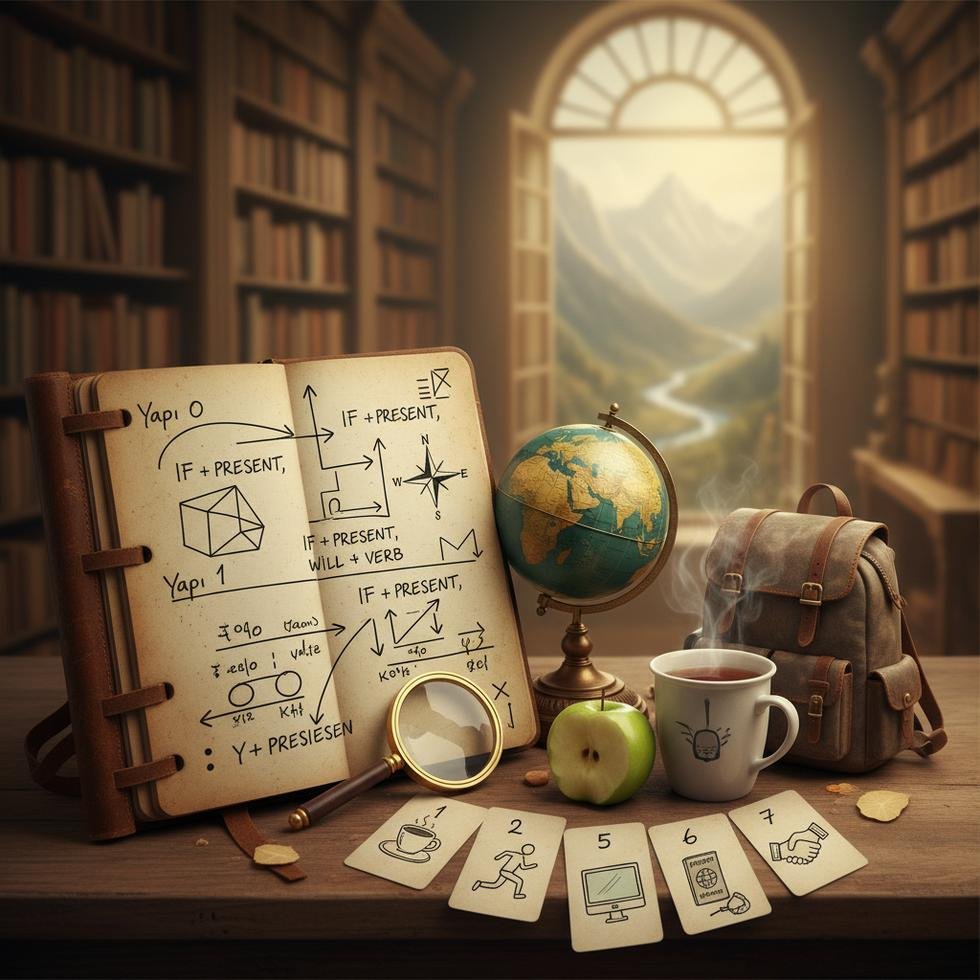 Type 0 ve Type 1 İngilizce koşul cümleleri yapısını gösteren grafik