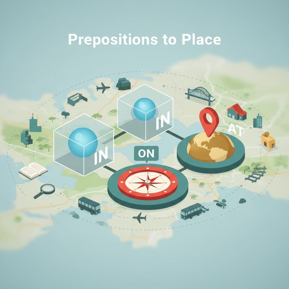 İngilizce mekân edatları in, on, at kullanımını gösteren tablo ve rehber görseli