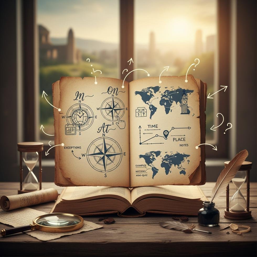 In, on, at edatlarının İngilizce zaman ve yer kullanımı tablosu