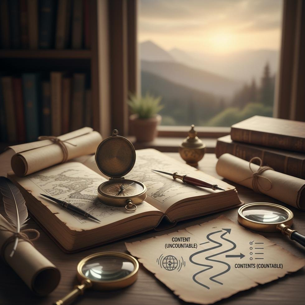 İngilizce content ve contents kelimelerinin kullanımı üzerine bilgilendirici grafik