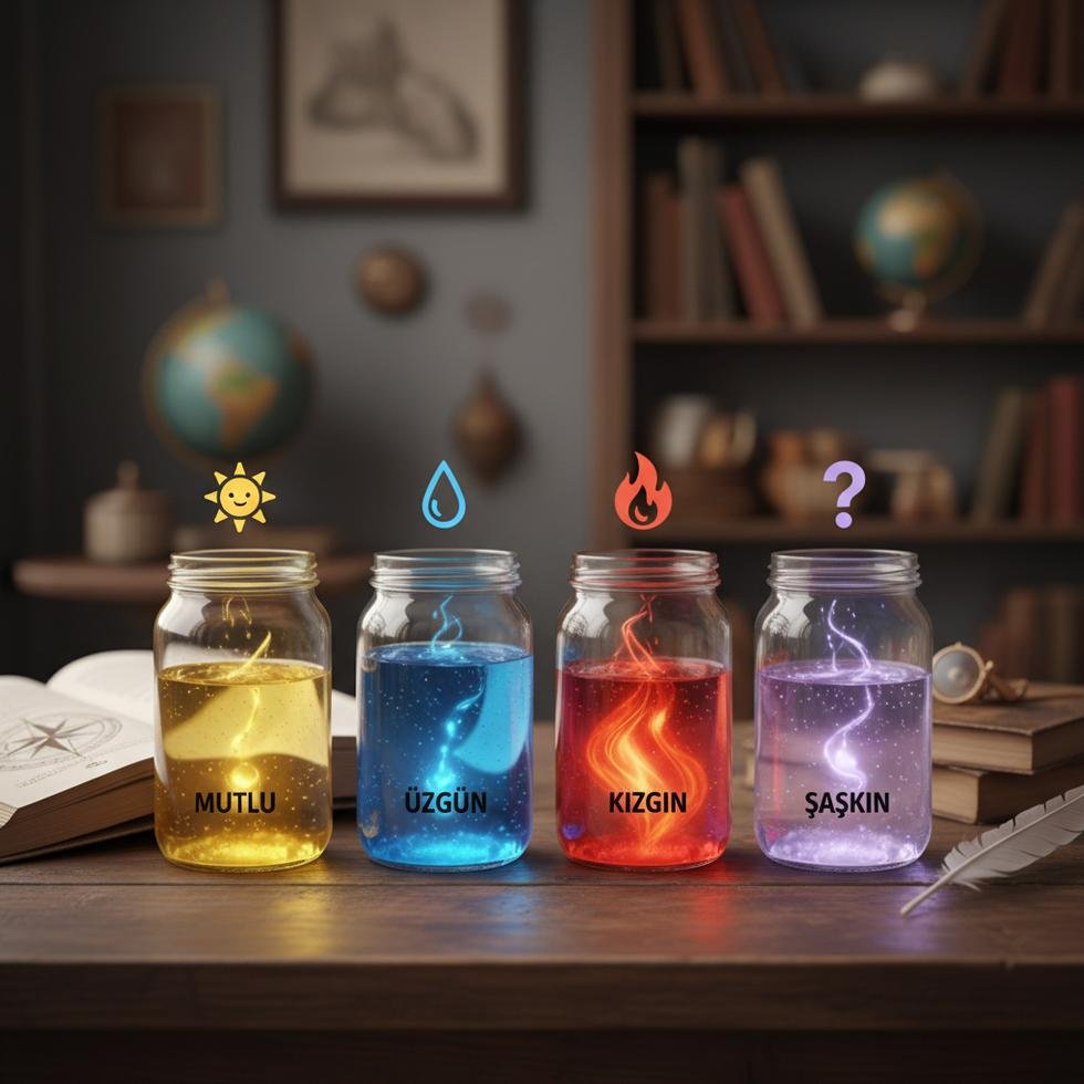 İngilizce duygular rehberinde mutlu, üzgün, kızgın ve şaşkın ifadeleri