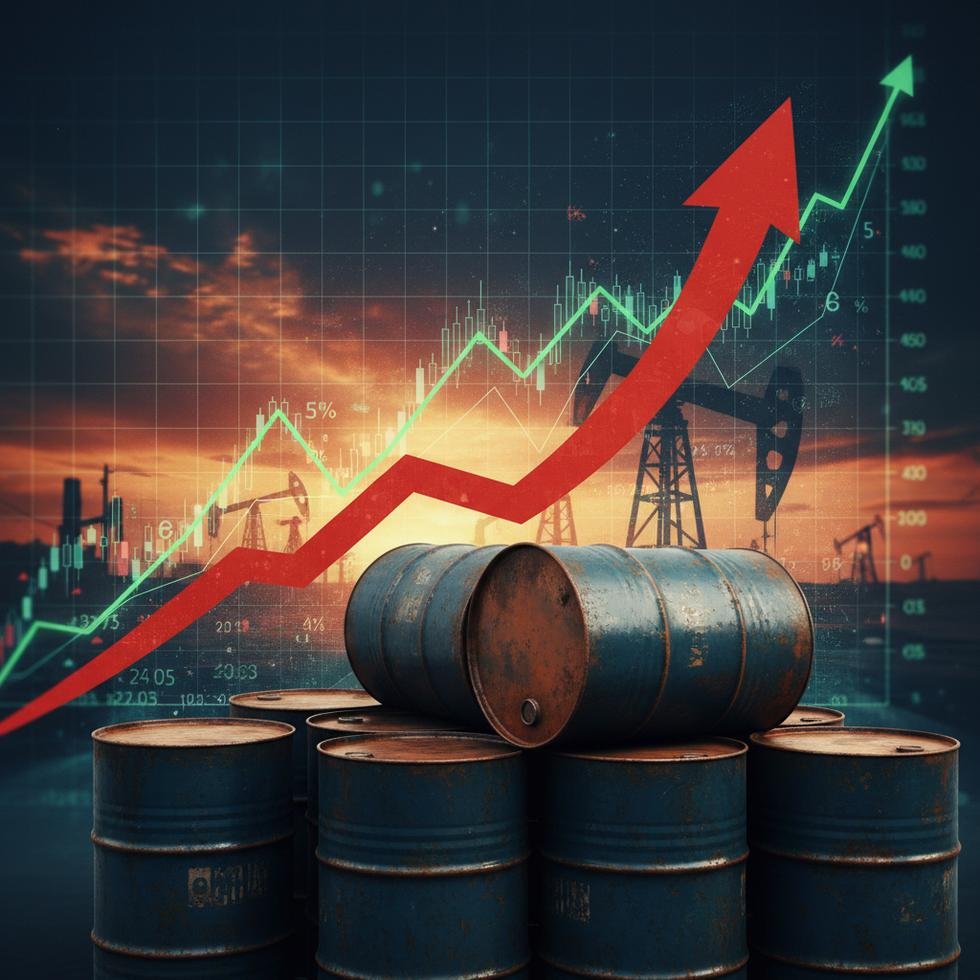 Artan fiyatları gösteren grafik önünde petrol varilleri