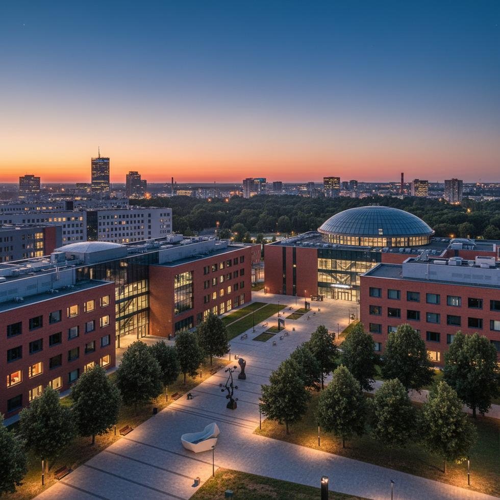 Katowice şehrinde üniversite eğitimi almış öğrenciler kampüste yürürken