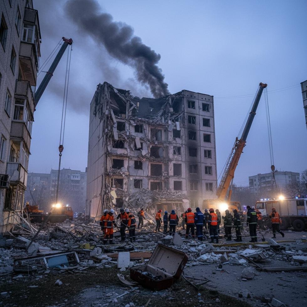 Yıkılmış bir apartman bloğu, duman ve kurtarma ekipleri