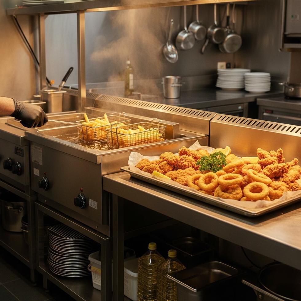 Kızartma istasyonunda çalışan mutfak personeli