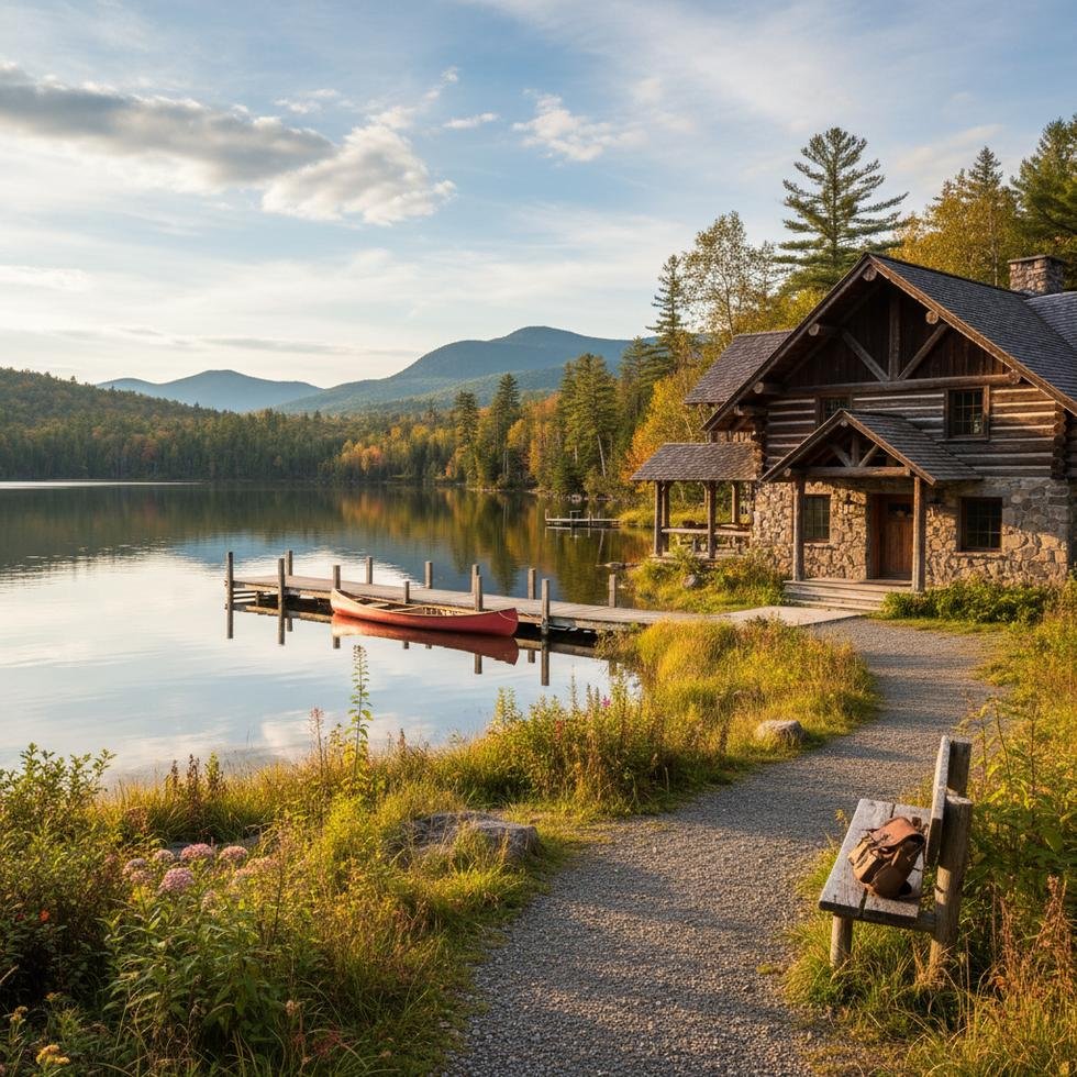 Lake Placid Lodge otel binası ve çevresindeki doğa manzarası