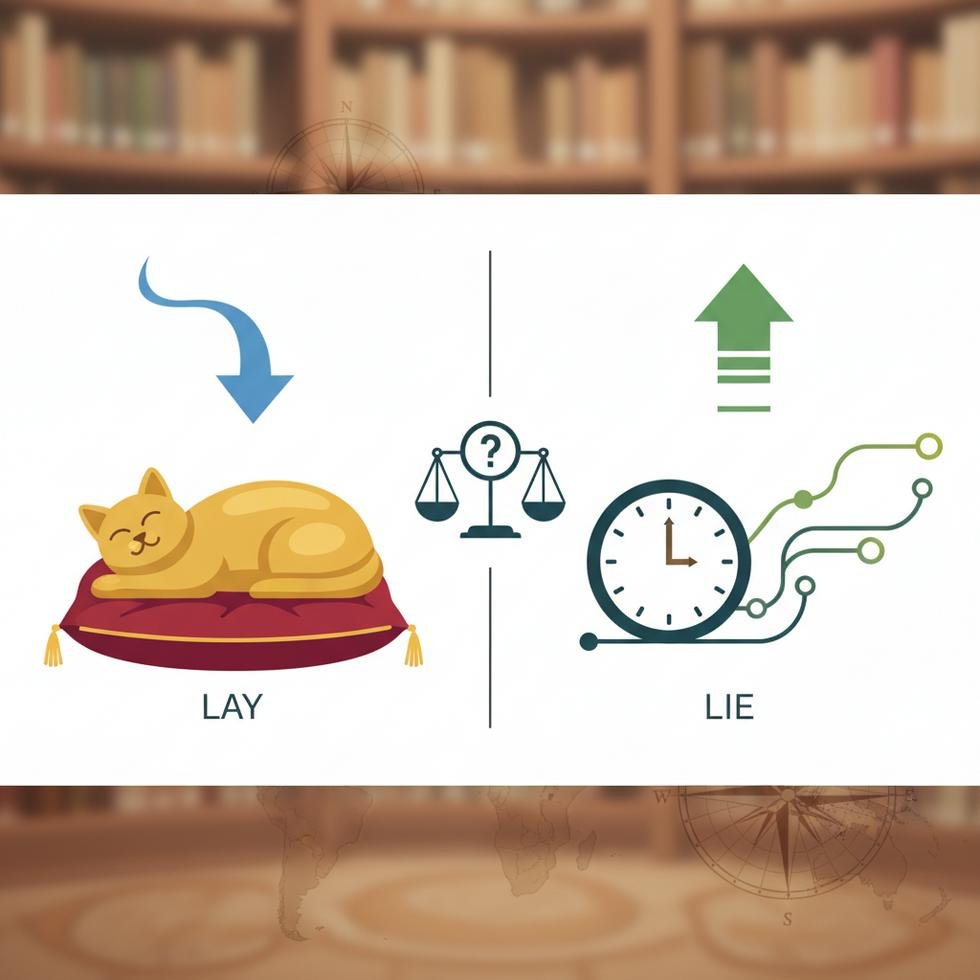 Lay ve lie fiillerinin İngilizce kullanımına dair rehber görseli