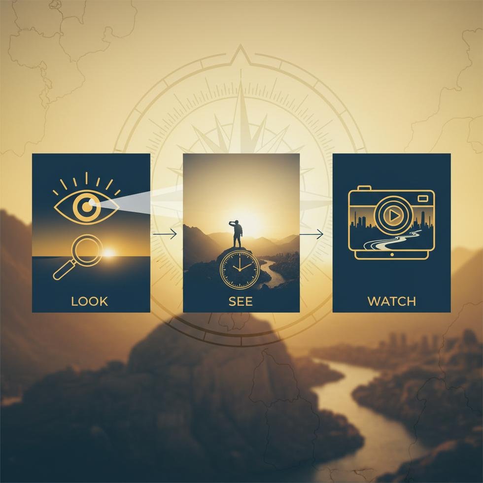 Look, See ve Watch fiillerinin farklarını anlatan İngilizce öğrenim görseli