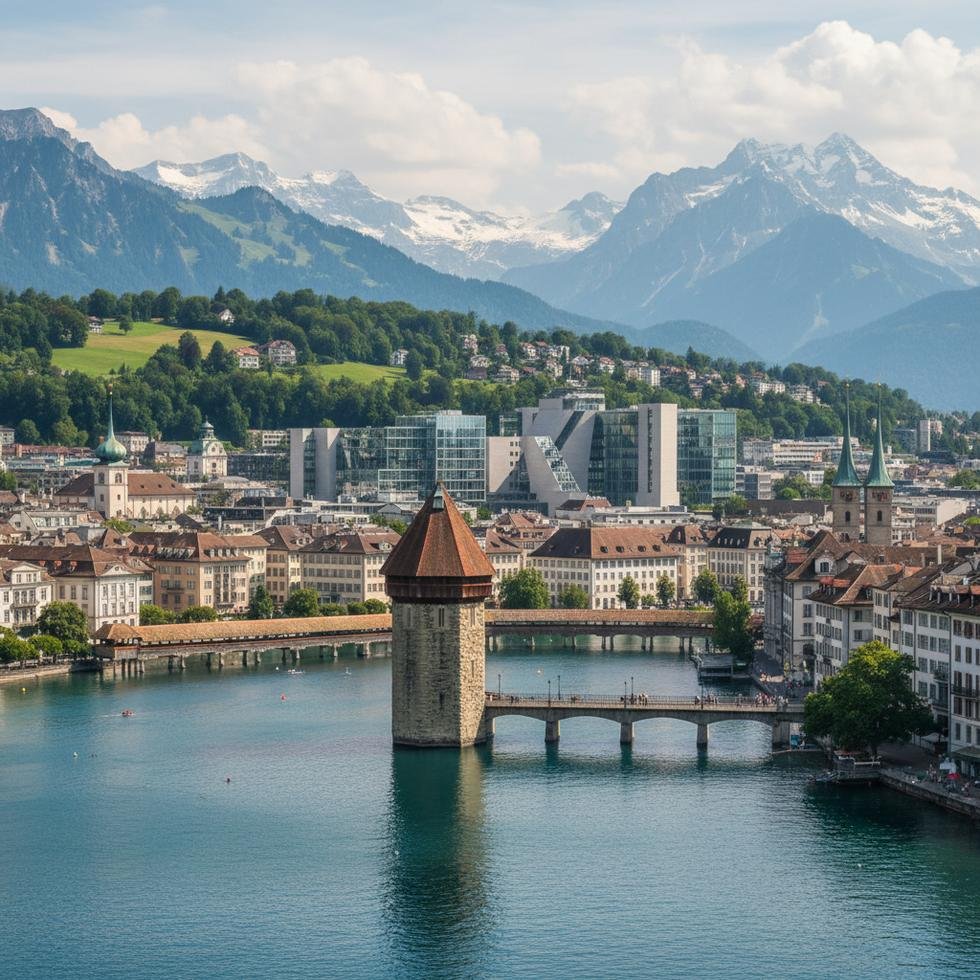 Lucerne şehir manzarası ve üniversite kampüsü