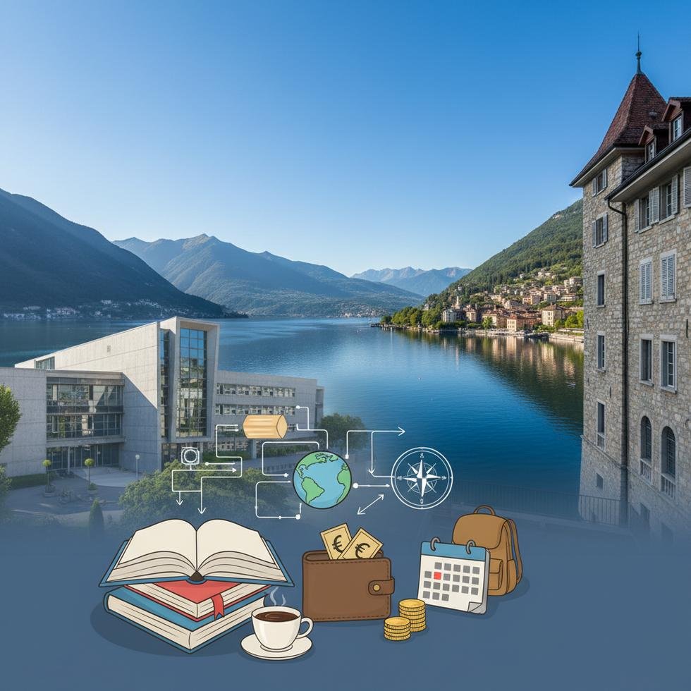 Lugano şehrinde üniversite kampüsü ve göl manzarası