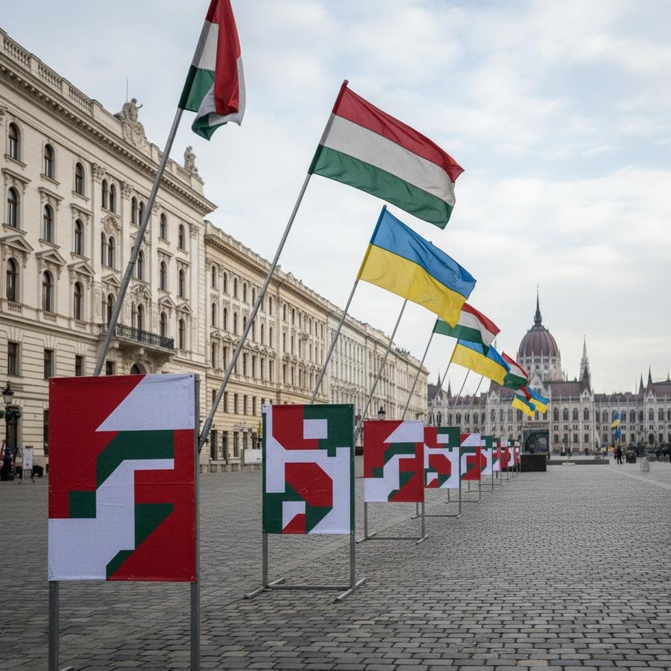 Macaristan seçim kampanyası ve Ukrayna bayrakları.