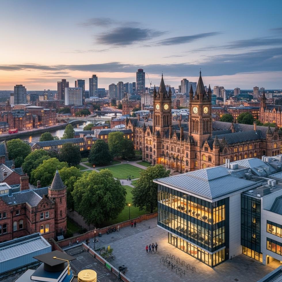 Manchester'da üniversite kampüsü ve öğrenciler