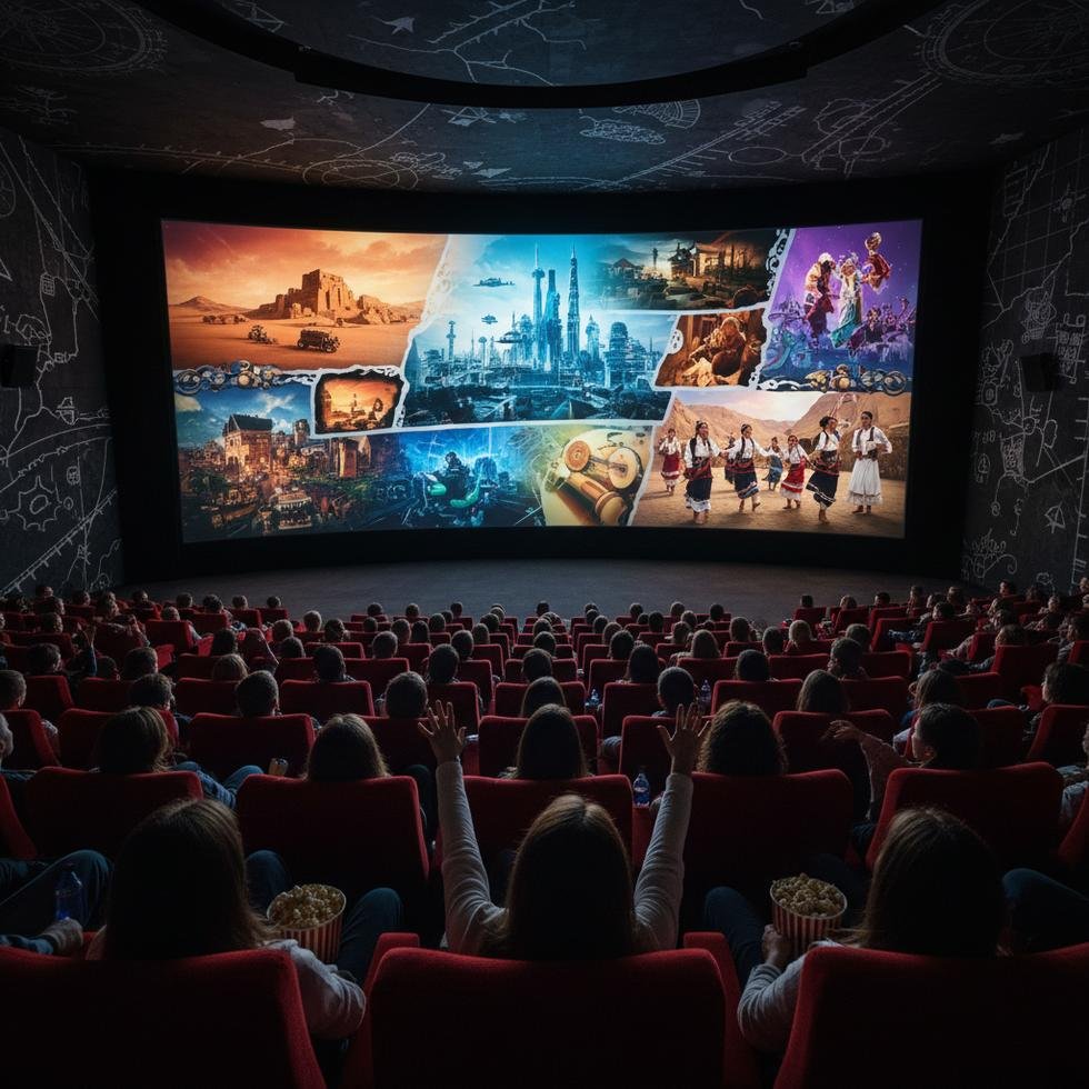 Sinema salonunda film izleyen kalabalık izleyici topluluğu