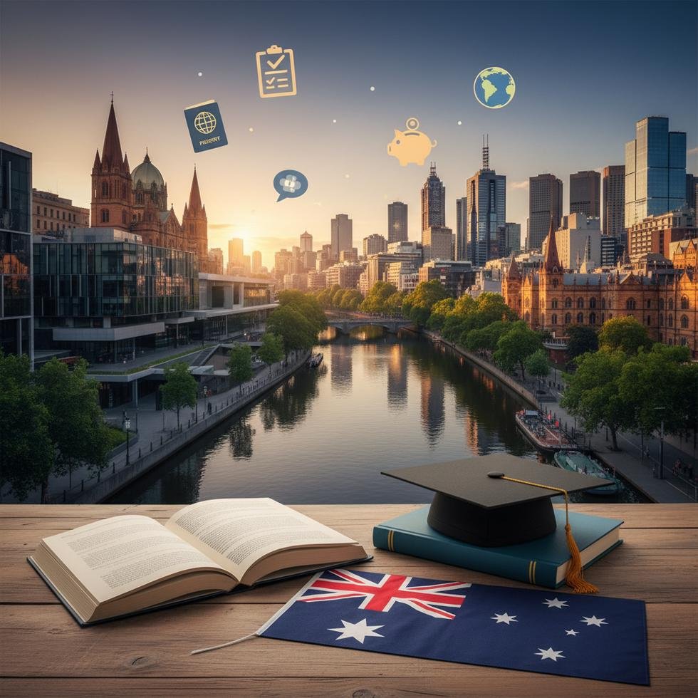 Melbourne'de üniversite kampüsü ve öğrenciler