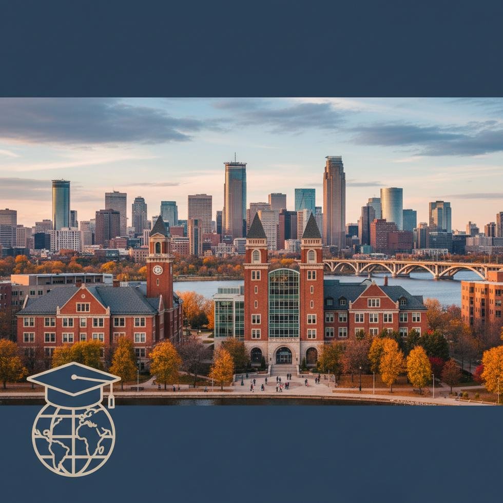 Minneapolis’te üniversite kampüsü ve şehir manzarası