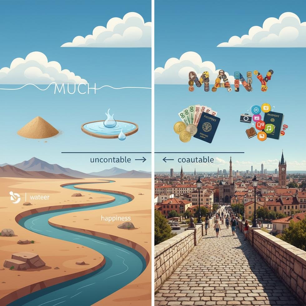 Much ve Many kelimelerinin doğru kullanımıyla ilgili tablo ve örnekler