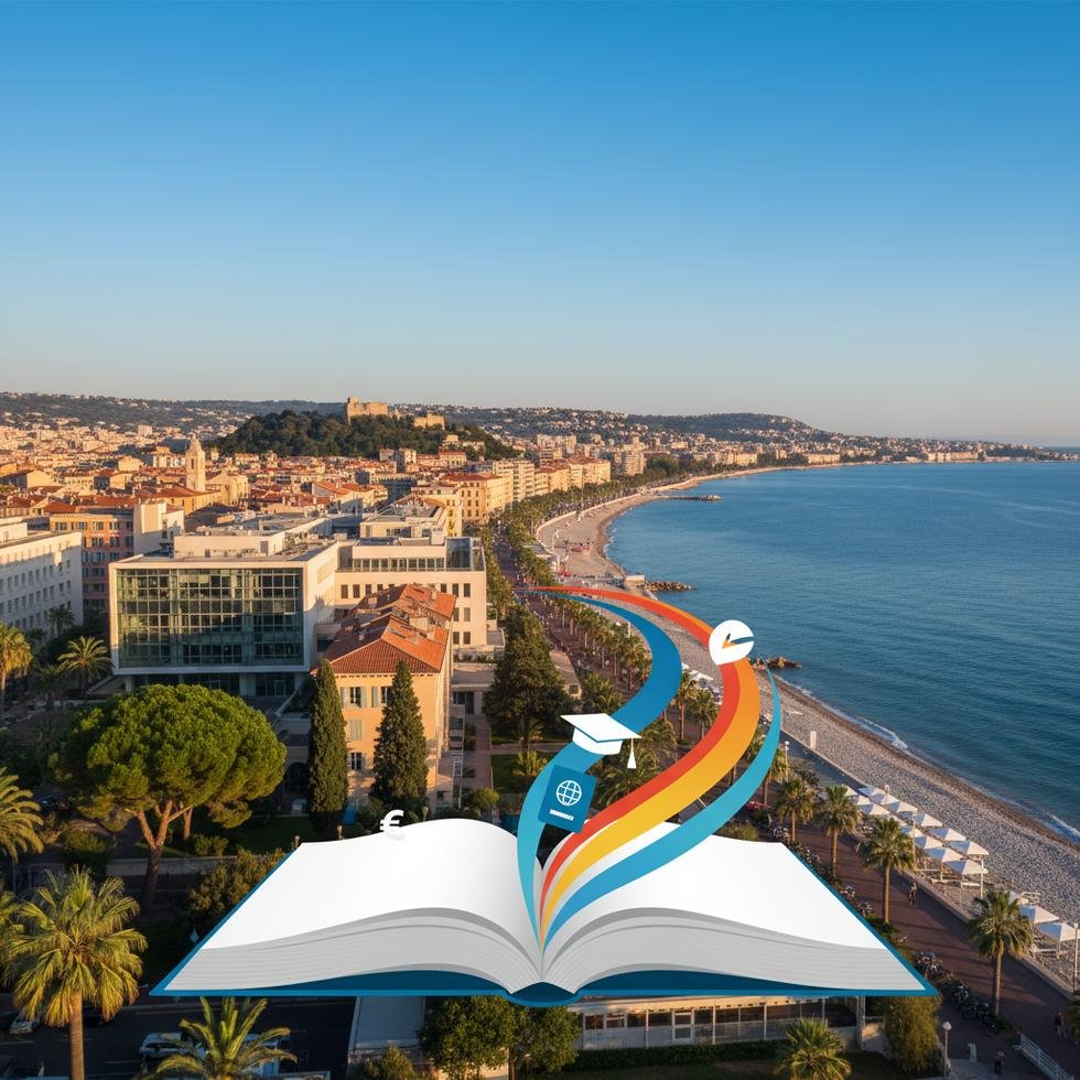 Nice şehrinde üniversite kampüsü ve deniz manzarası