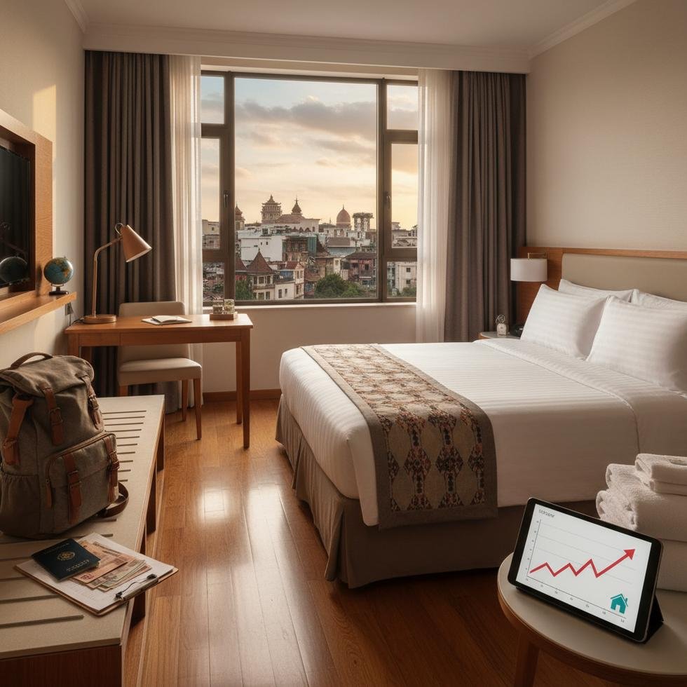 Work and Travel kapsamında oda temizlik denetçisi pozisyonunda çalışan bir kişi otel odalarını kontrol ederken