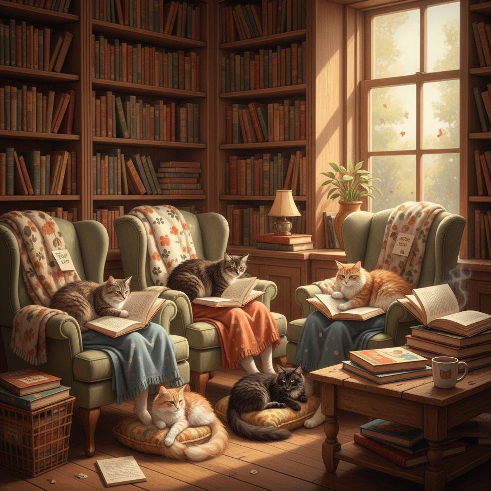 Öğrenciler kedilere kitap okuyor