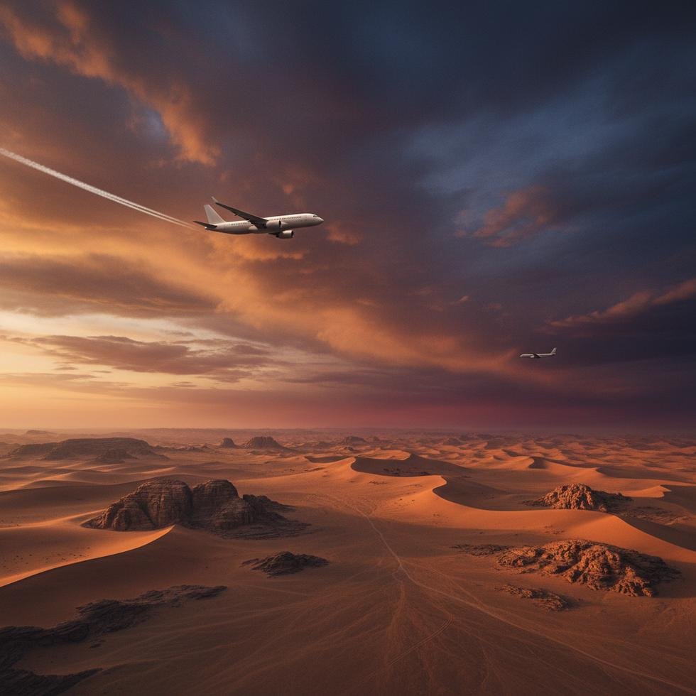 Çalkantılı gökyüzü ve çöl üzerinde uçan uçaklar