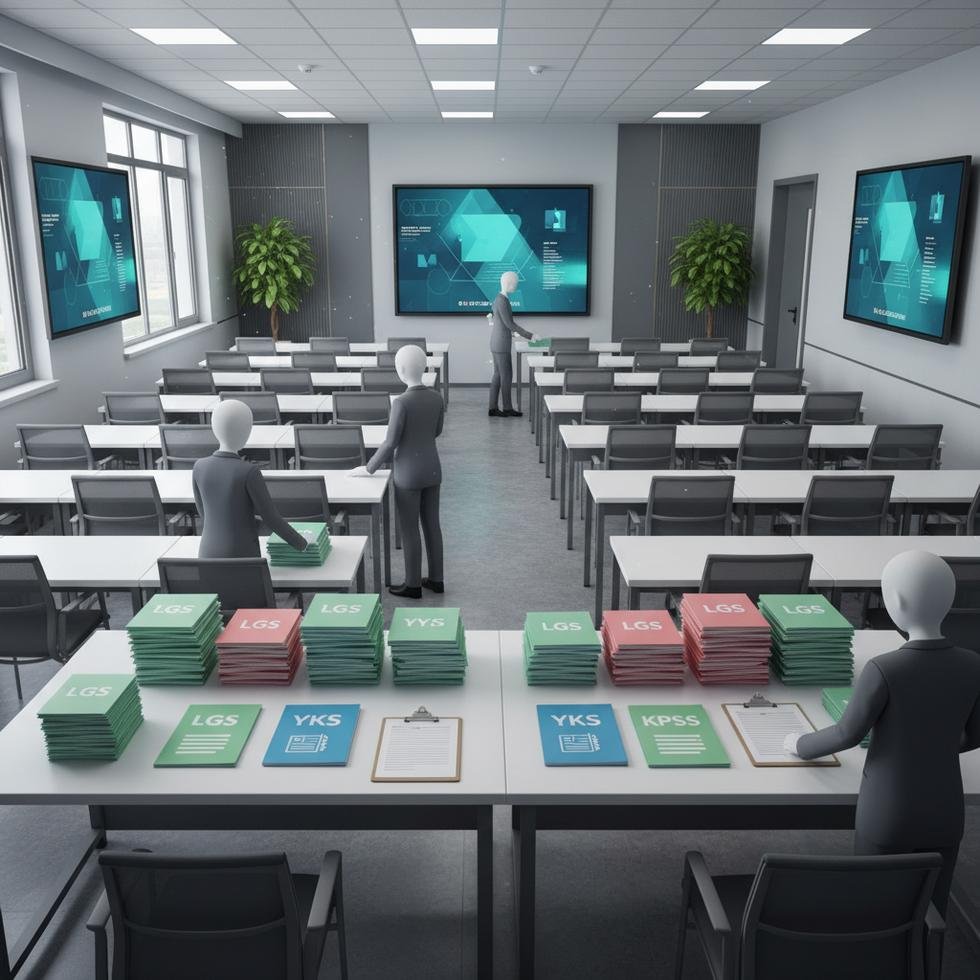 Sınav görevlileri, sınav kağıtları ile sınıfta.