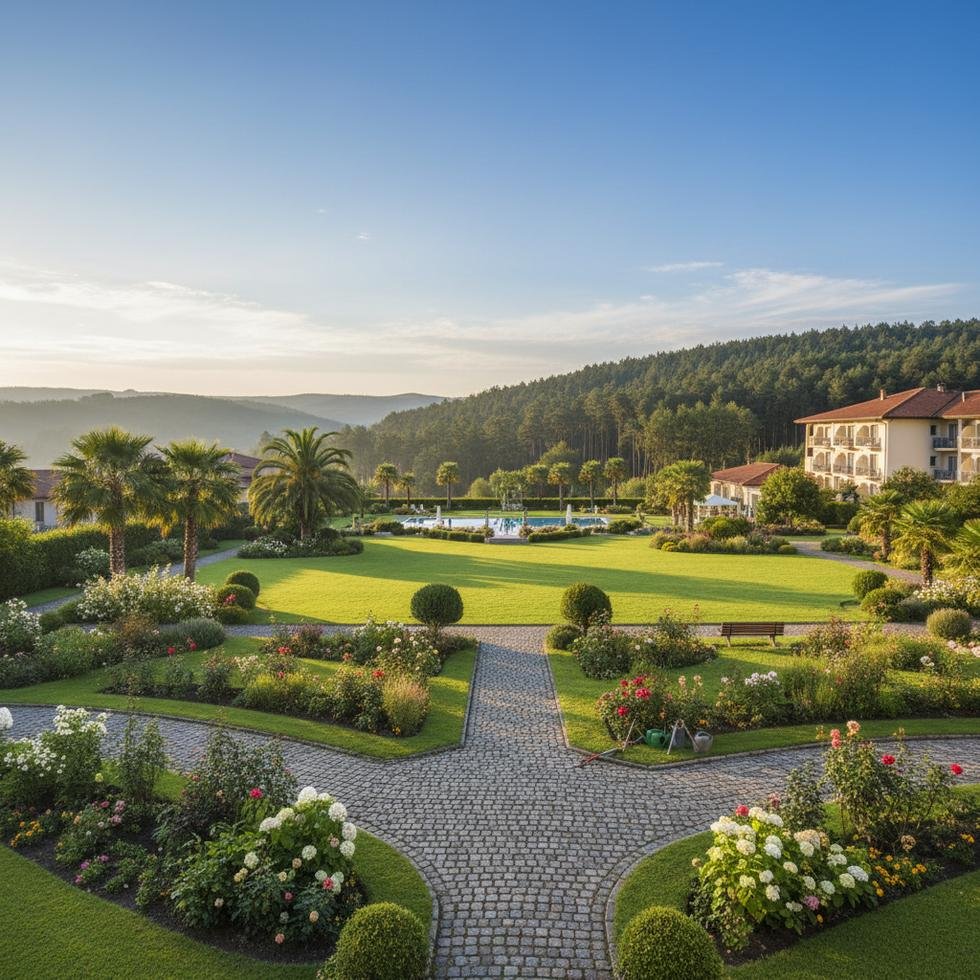 Otel bahçesinde çim biçme ve bakım yapan işçi