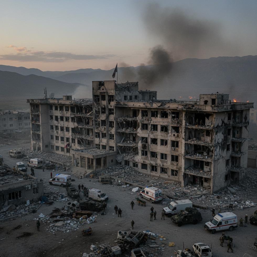 Çatışma bölgesindeki hasarlı hastane binası