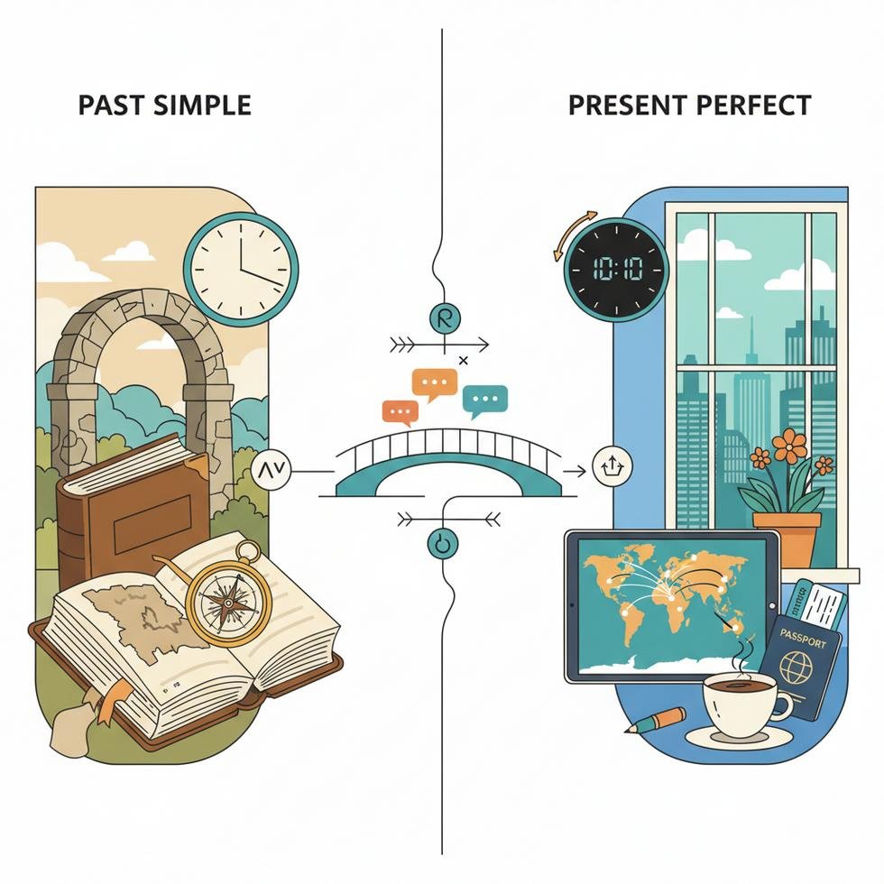 Present Perfect ve Past Simple kullanımını açıklayan İngilizce zamanlar tablosu