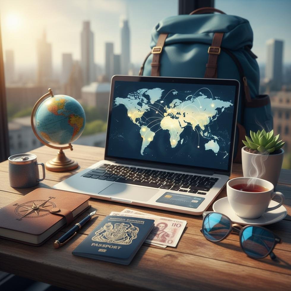 Dijital nomad olarak çalışan bir kişinin bilgisayar başında çalışma görüntüsü