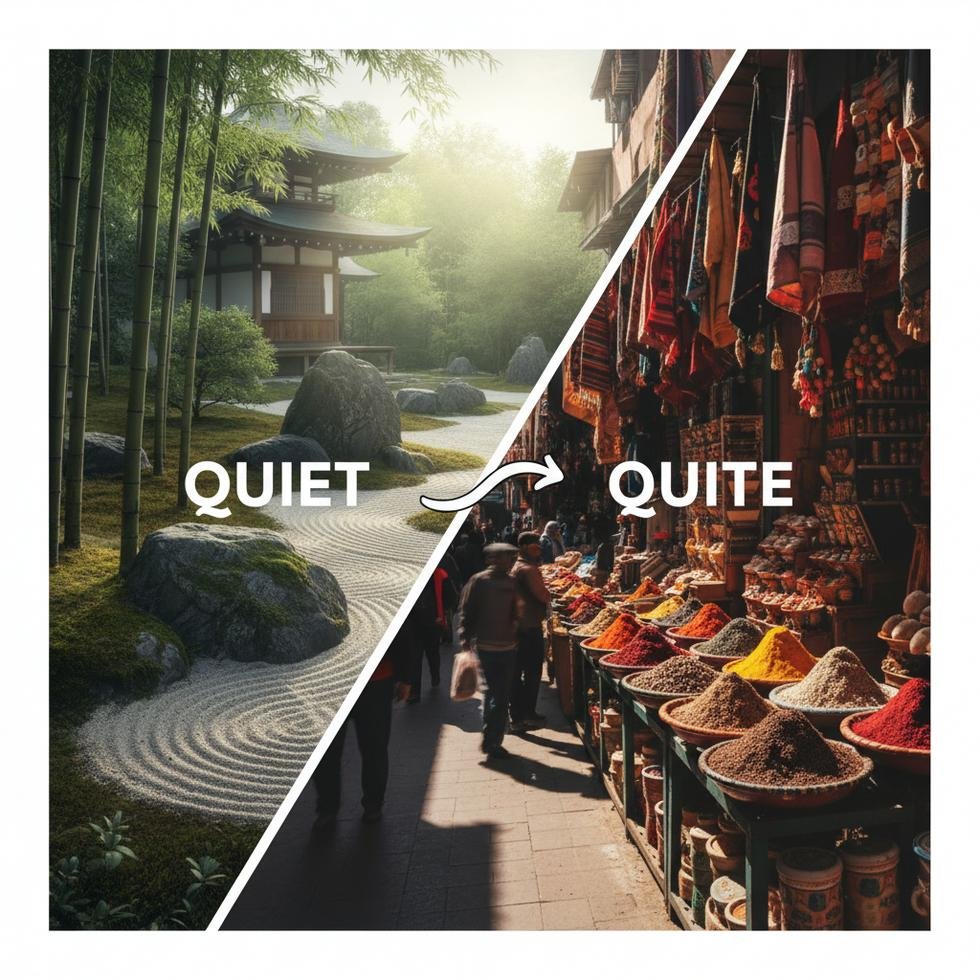 Quite ve quiet kelimelerinin farklarını anlatan eğitim görseli