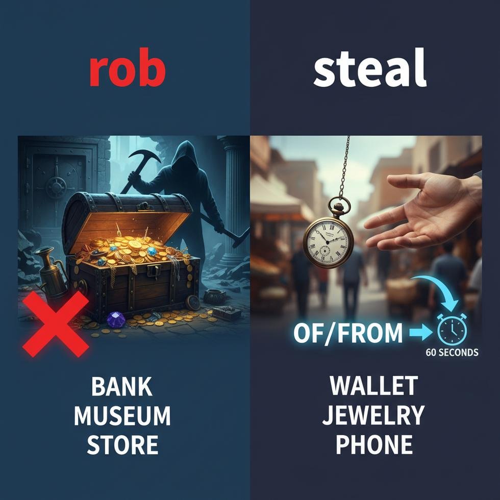 Rob ve steal fiillerinin farklarını açıklayan İngilizce öğrenme grafiği