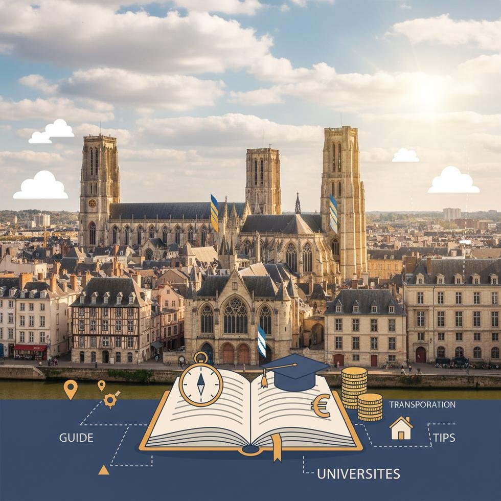 Rouen şehir merkezinde üniversite binası ve öğrenciler