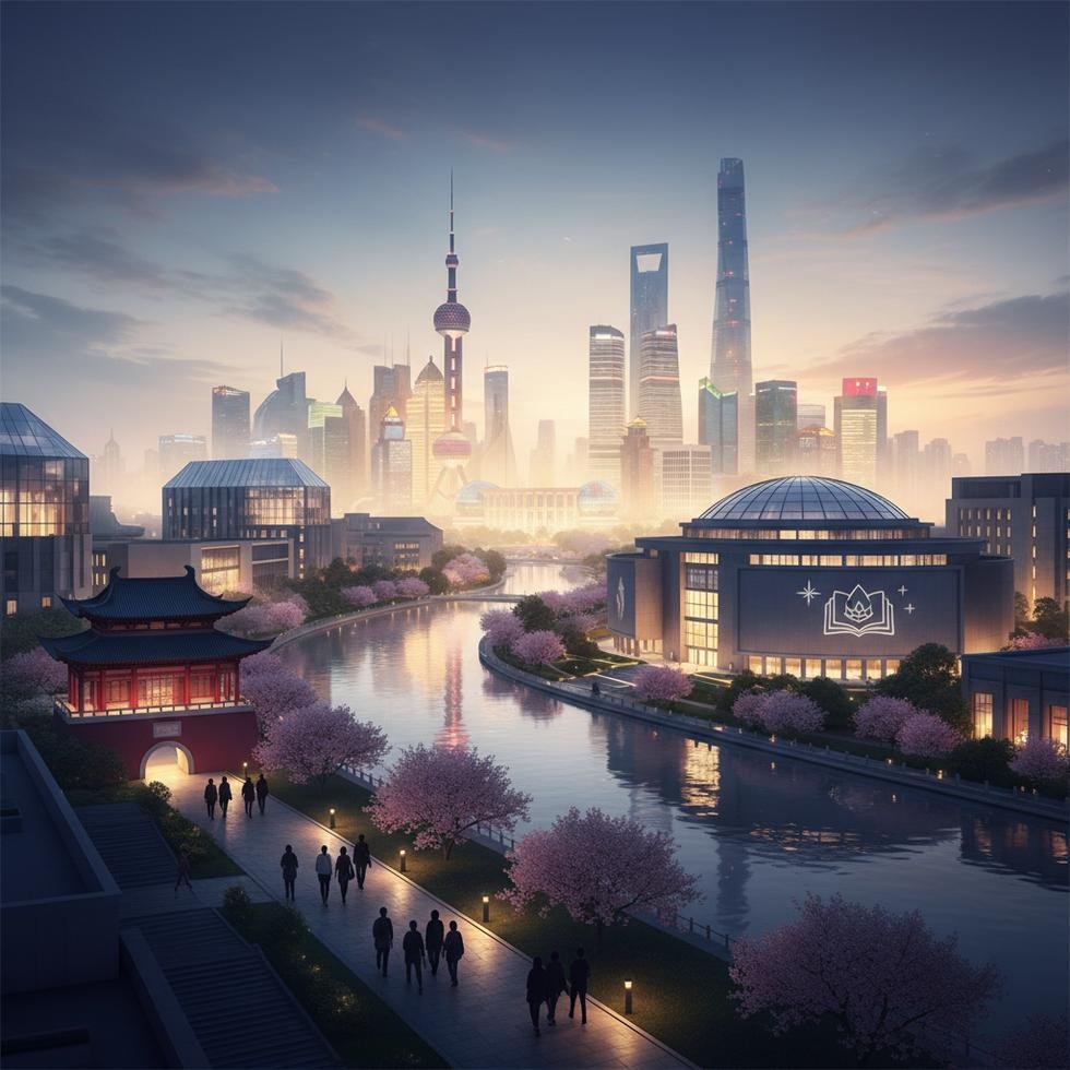 Şanghay'daki üniversite kampüsü ve öğrenciler