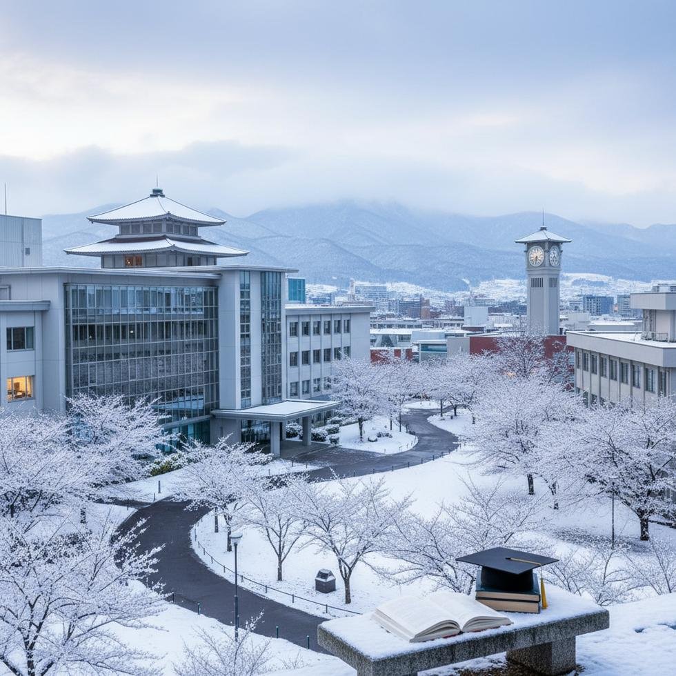 Sapporo’da üniversite eğitimi için şehir manzarası ve kampüs görselleri