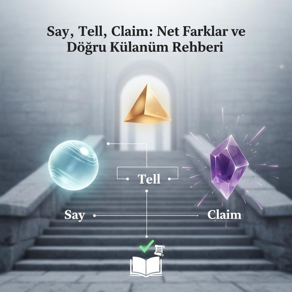 Say, Tell, Claim fiillerinin kullanımı açıklayan grafik