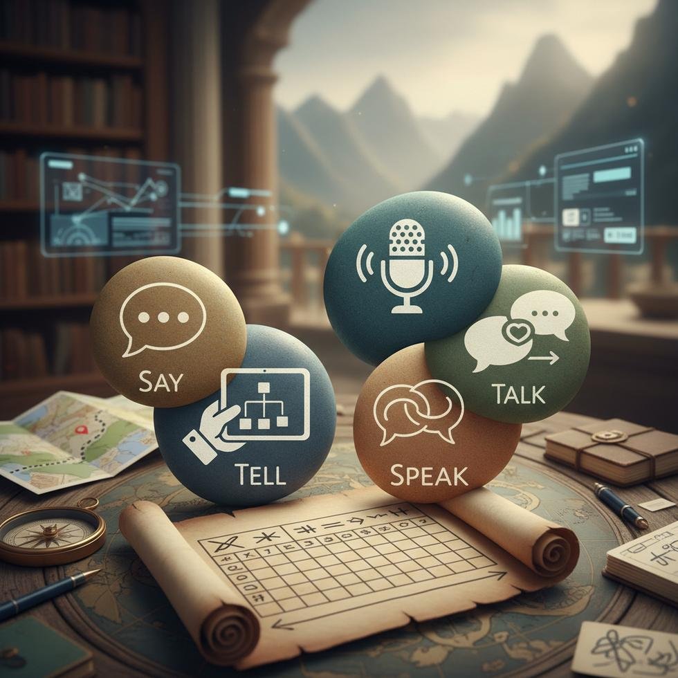 İngilizcede say, tell, speak ve talk fiillerinin kullanım farklarını anlatan tablo