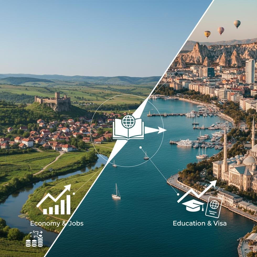 Sırbistan ve Türkiye bayrakları ile şehir manzaraları karşılaştırması