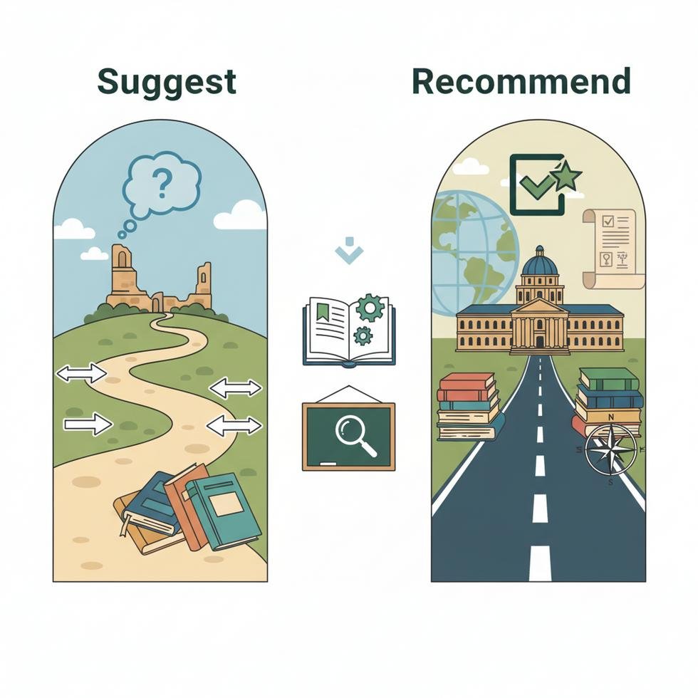 Suggest ve recommend kelimelerinin İngilizce kullanım farkları görseli