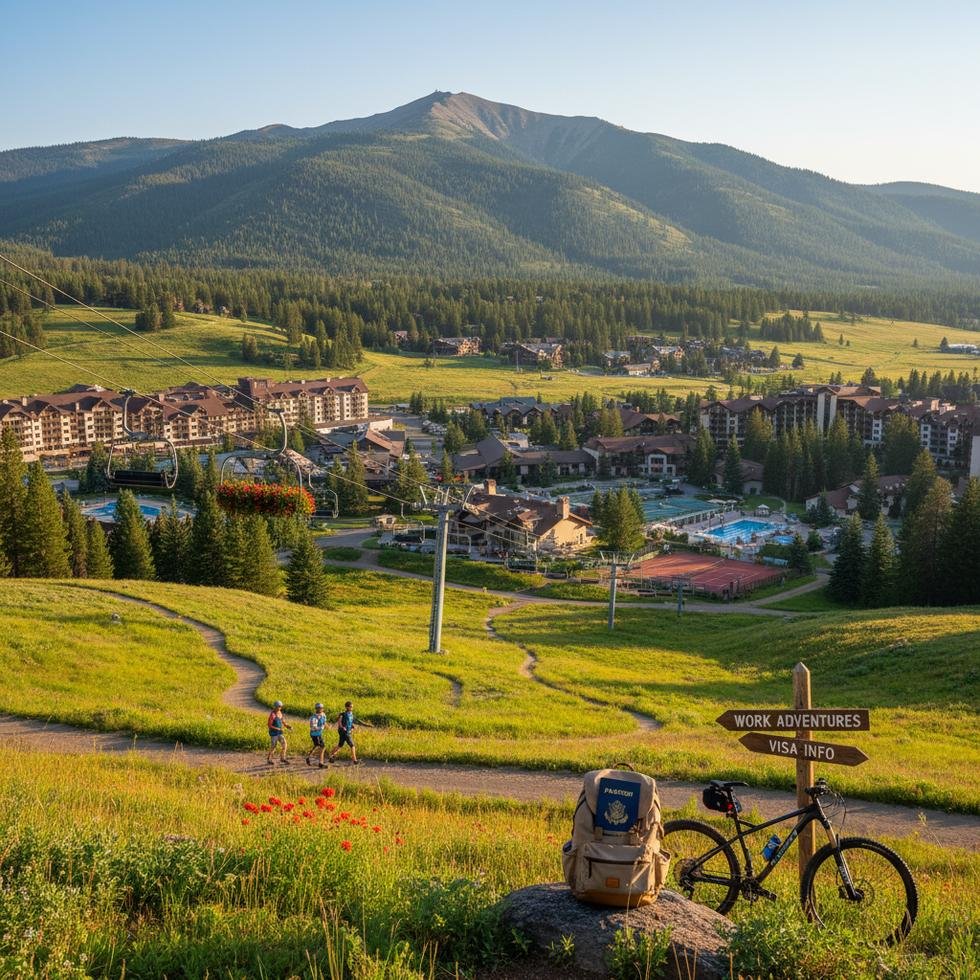 Sun Valley Resort’ta Work and Travel tabelası ve dağ manzarası